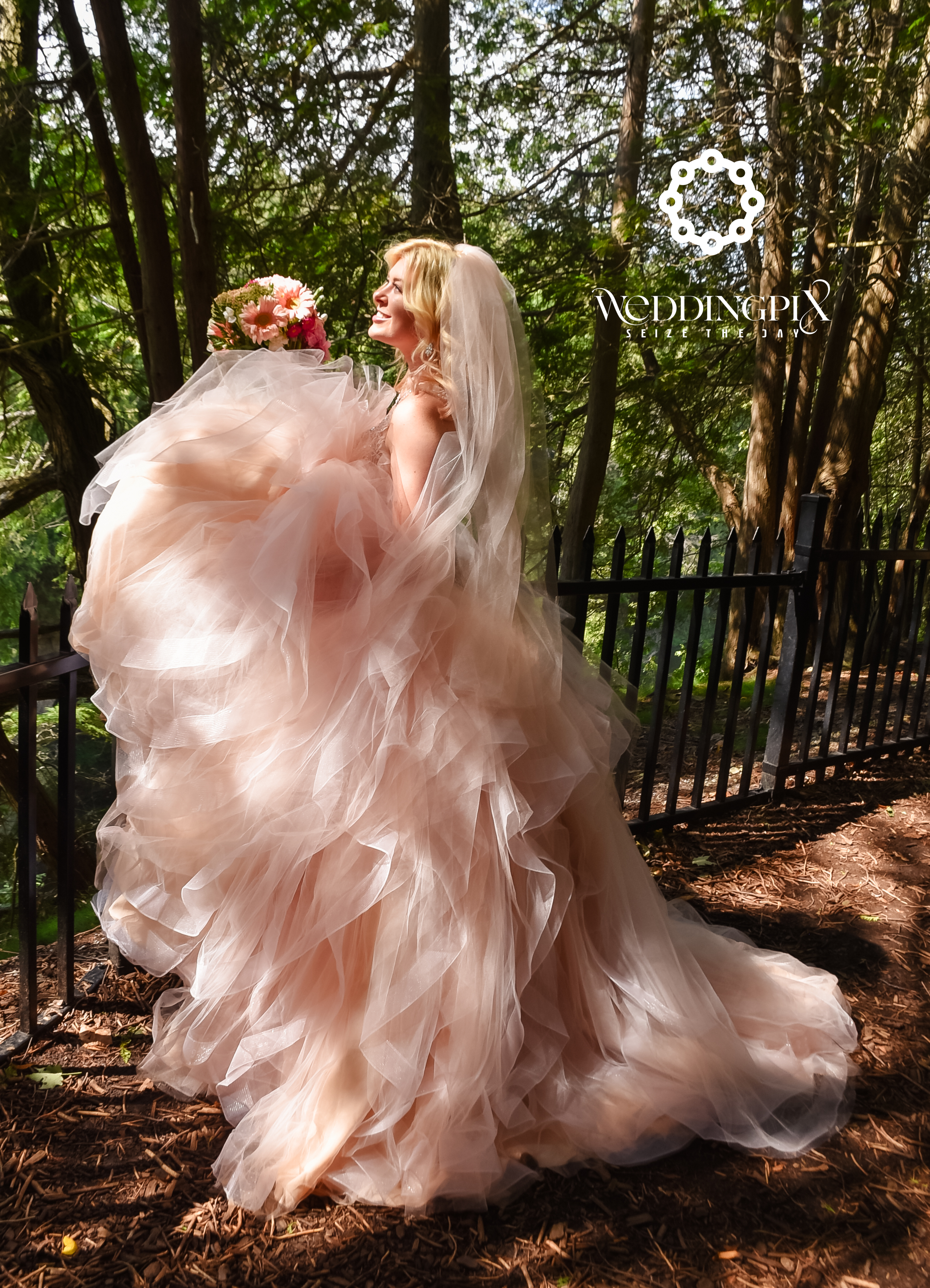 Kitchener-Waterloo bride in beautiful pink wedding dress poses for wedding photographer